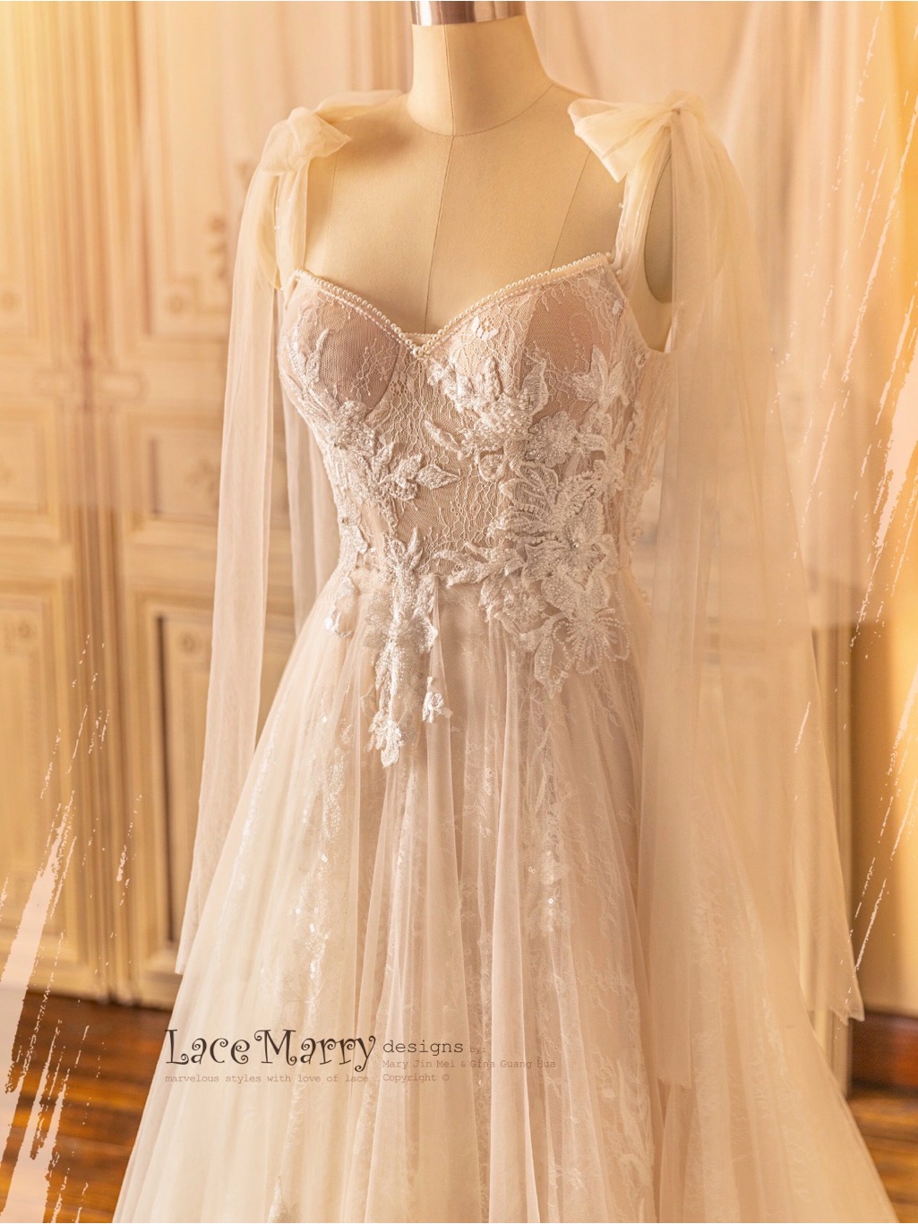 Ivory Lace Appliqu Tulle Gown With Sheer Draped Sleeves